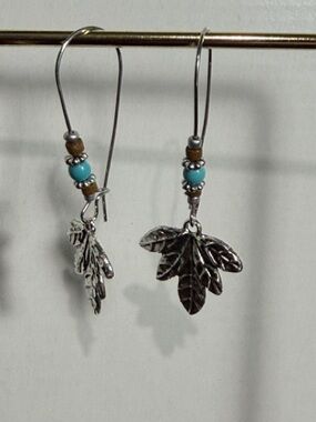 Boho Style Silver Leaf Dangle Earrings with Turquoise Beads - Women Jewelry